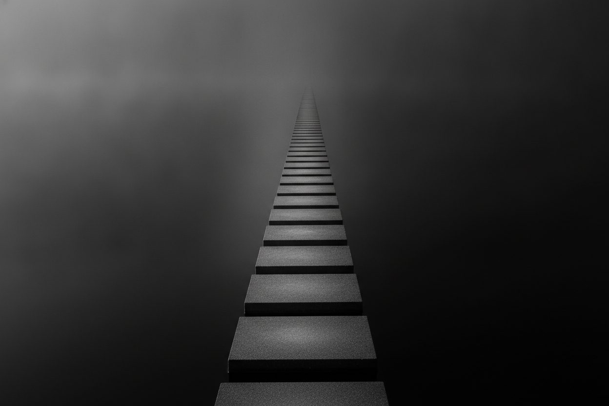 A long ladder of evenly spaced steps rising into fog
