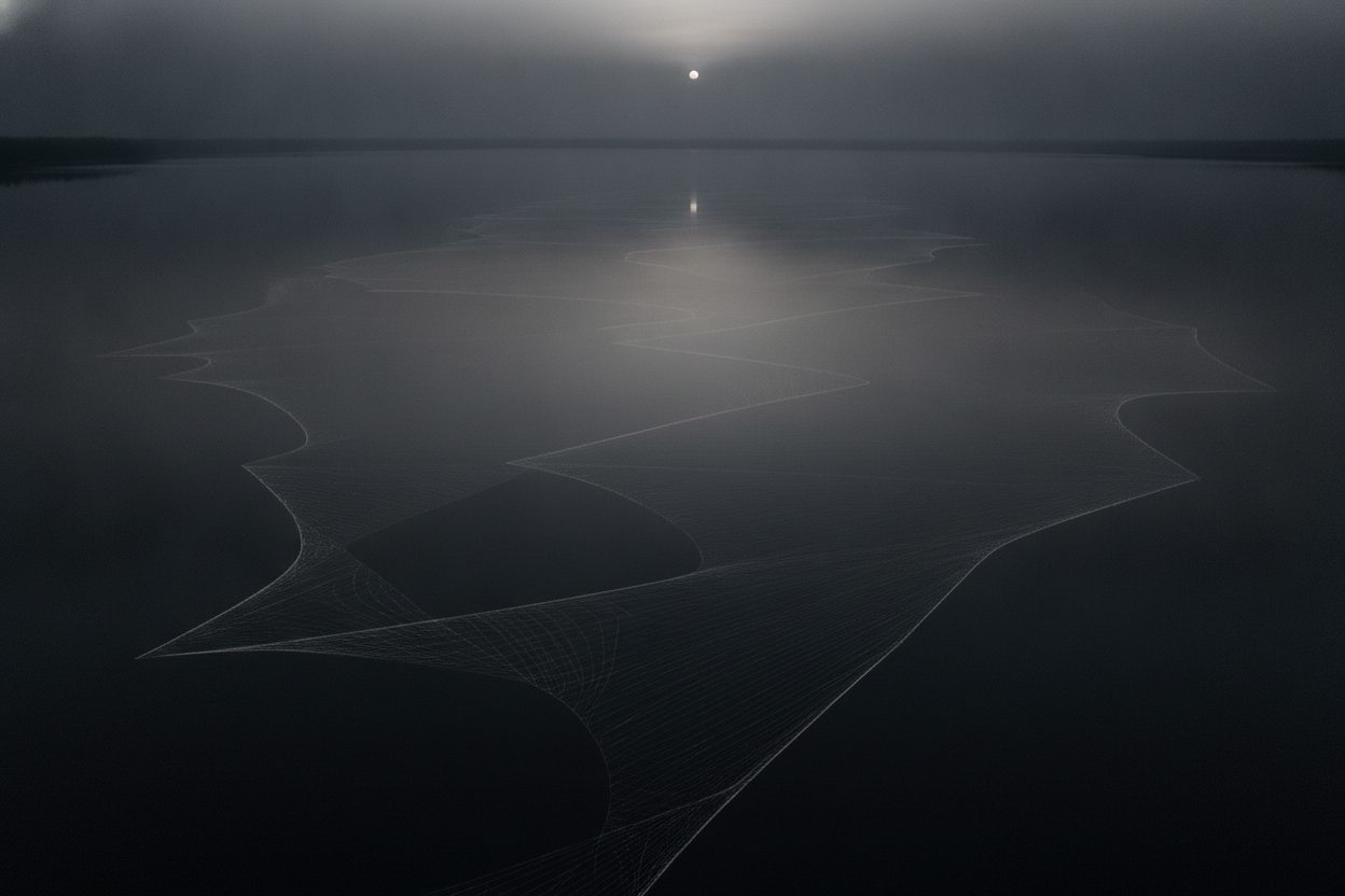 Faint lines spreading across a dark expanse of water under a pale moon