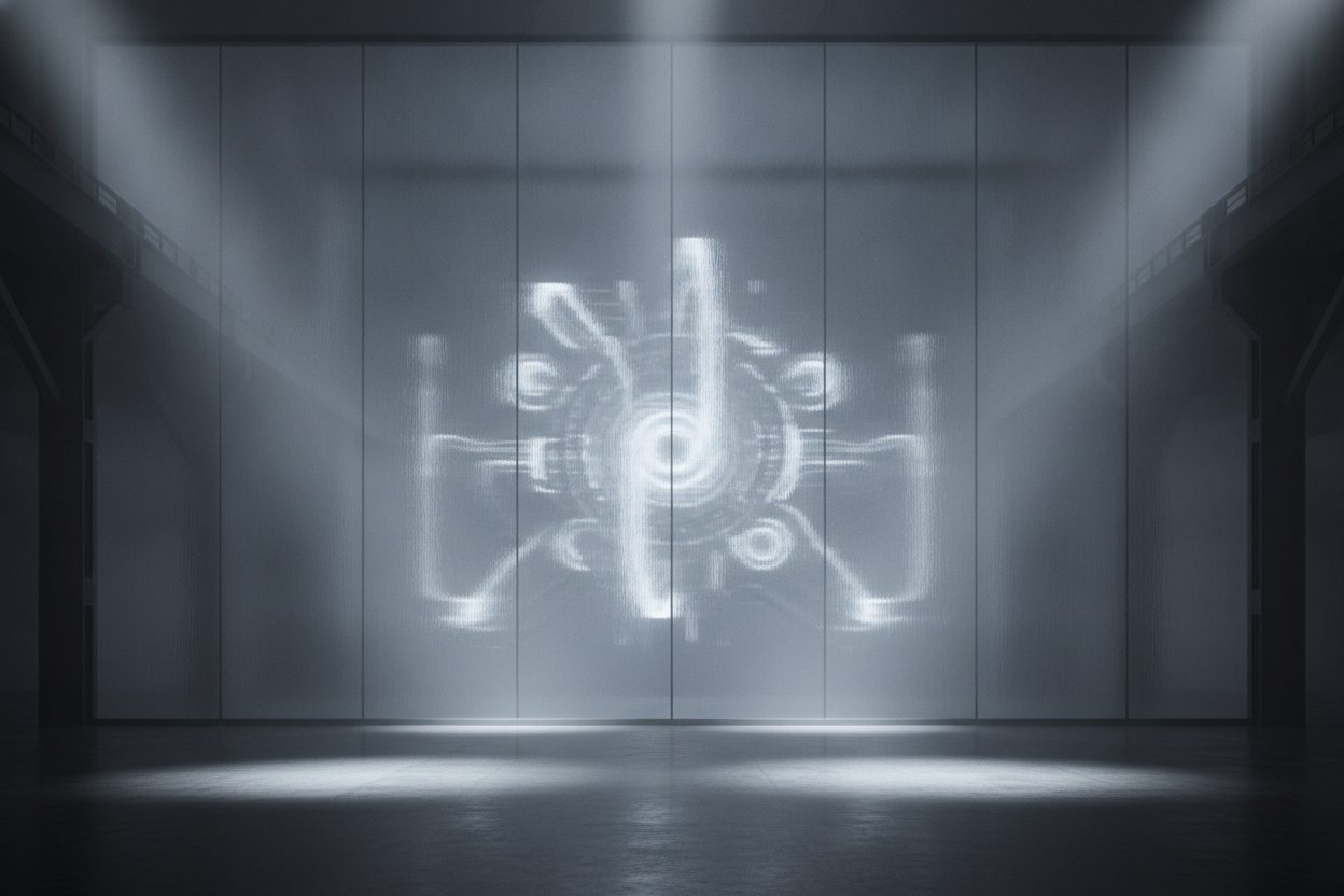 A glowing schematic of a machine projected on a translucent wall