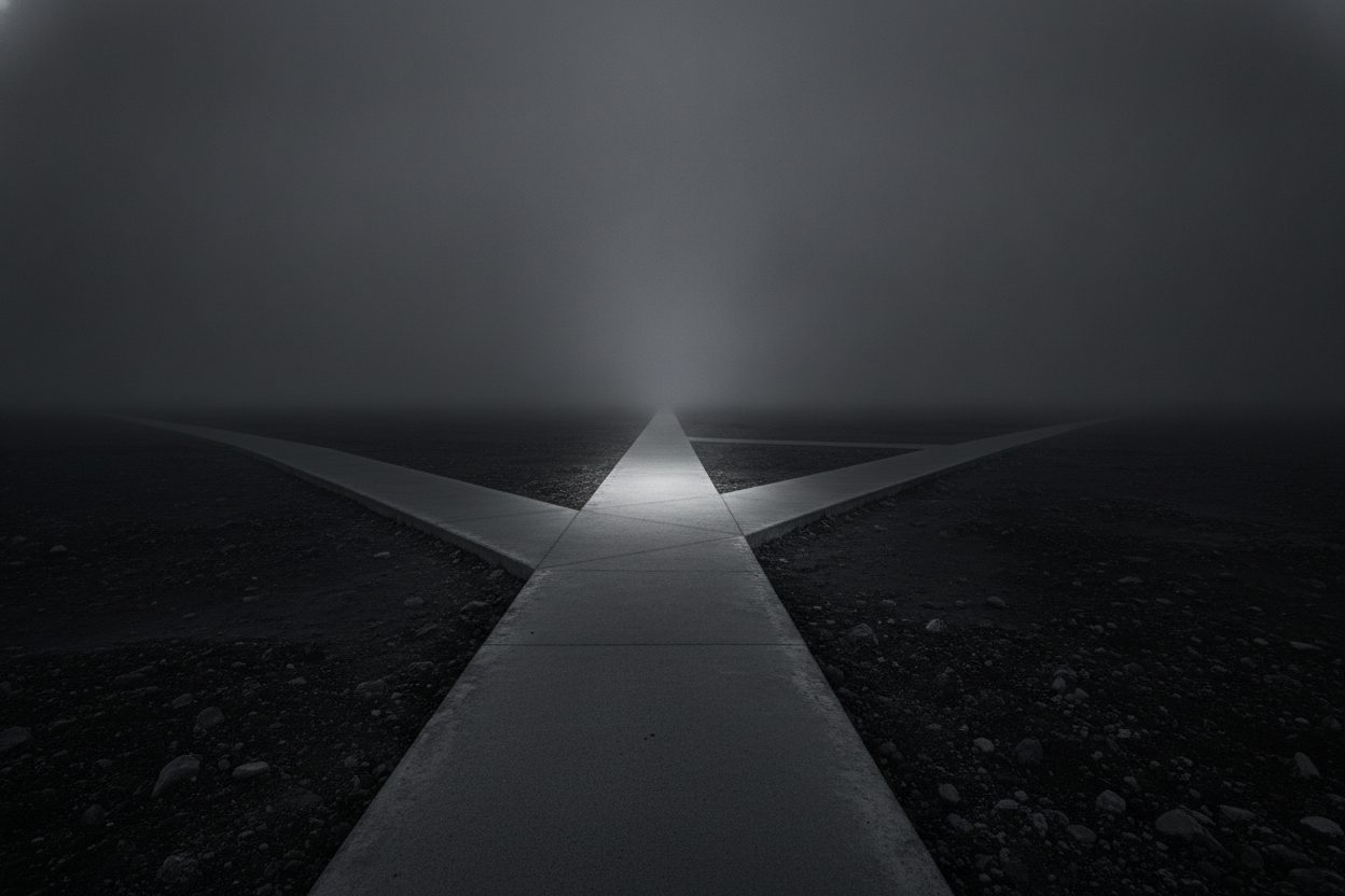 A road forking in three directions across a dark plain toward a point of light