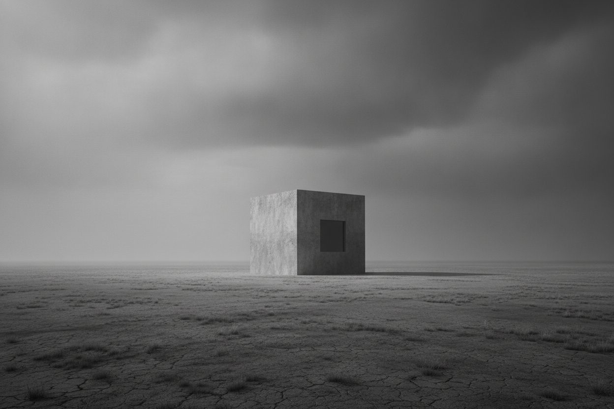 A single concrete cube standing alone on a flat plain under heavy clouds