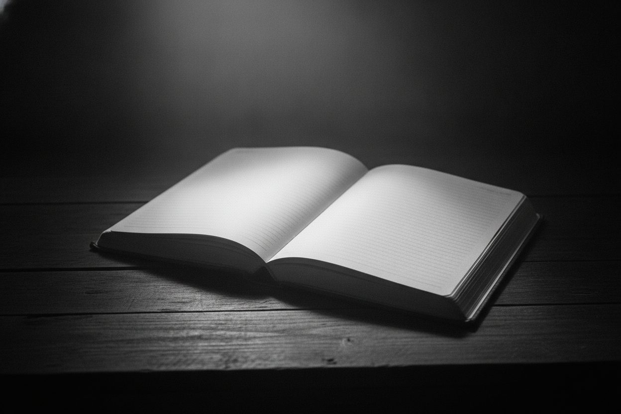 An open book on a dark wooden table under a single beam of light