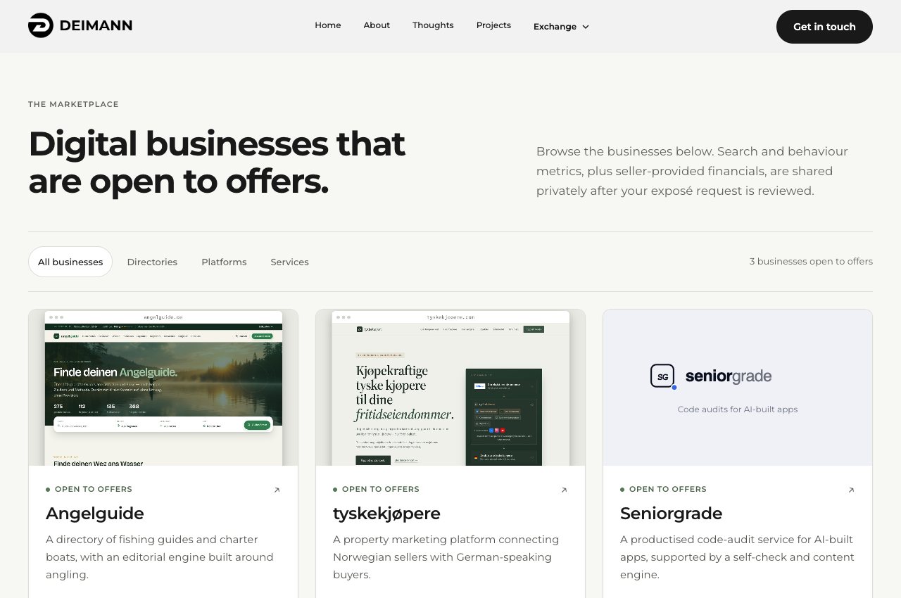 The public Deimann Exchange catalogue showing digital businesses and their listing status.