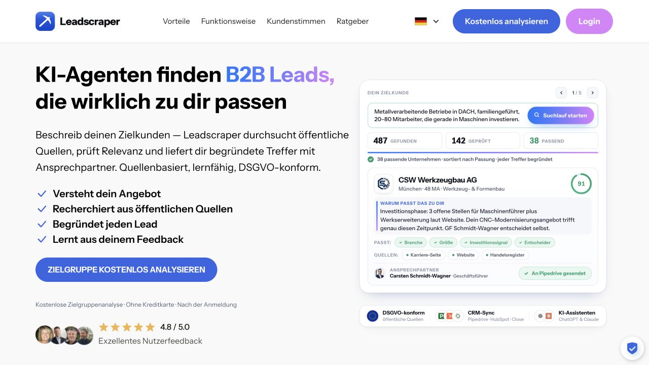 Leadscraper’s current homepage hero with its public lead-research demonstration.