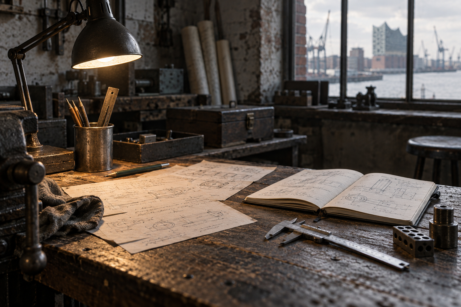 An open notebook and observation sheets beside a precision tool on a workshop bench, lit by a desk lamp.
